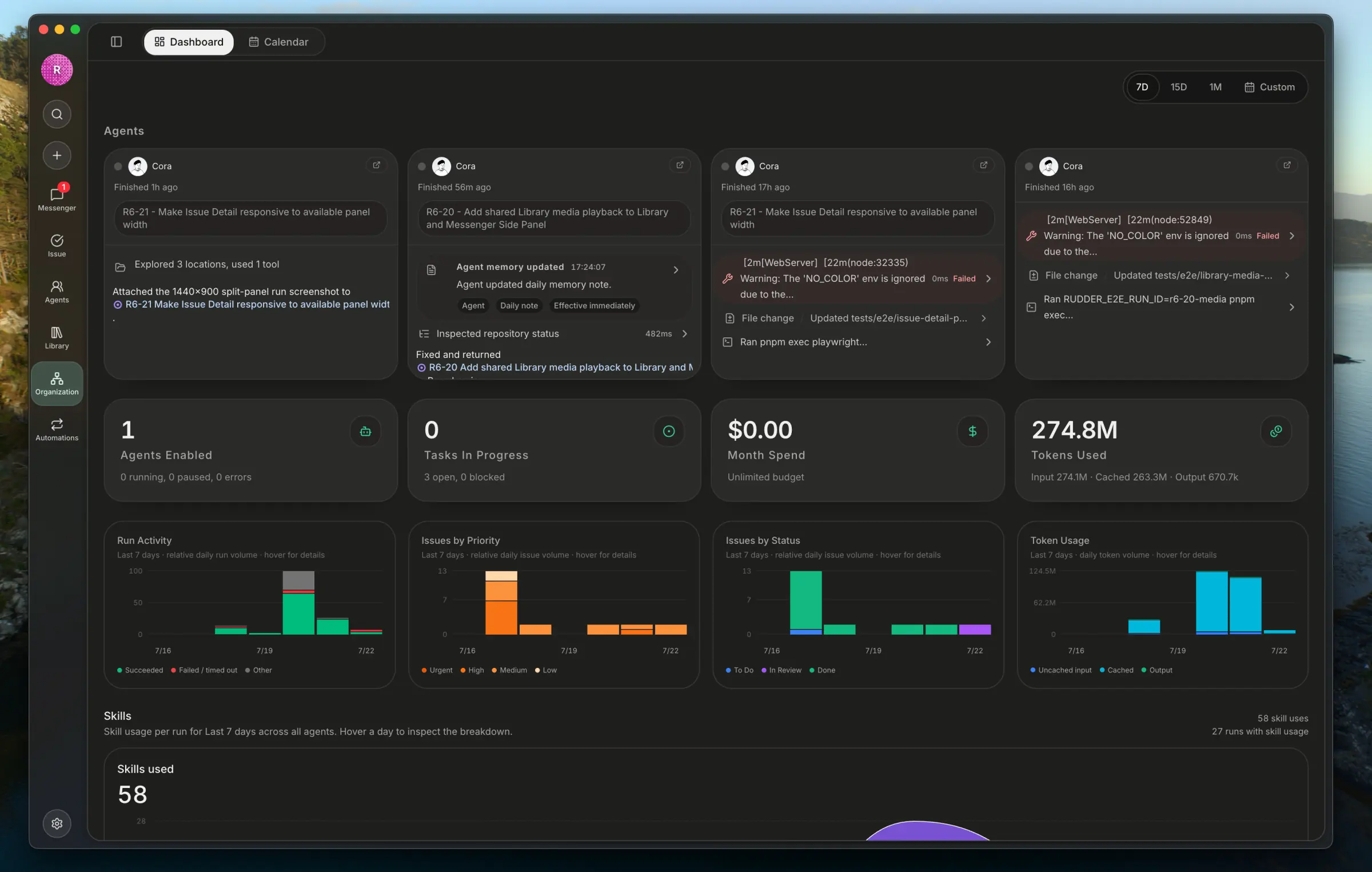 Rudder workspace showing an agent team and its organization